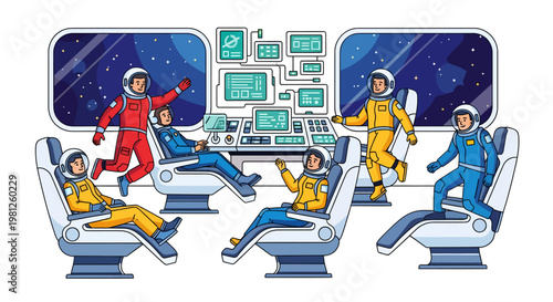 Astronauts in Space Suits Relaxing on Chairs in Spacecraft Control Room