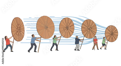 people carrying large wooden wheels in a line