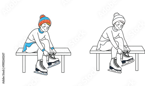  Girl Tying Ice Skate Laces on a Bench Winter Sports Vector Illustration Set with Colored and Line Art Outline Versions for Coloring Book and Design