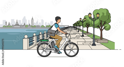 man riding bicycle on sidewalk near city skyline and waterfront
