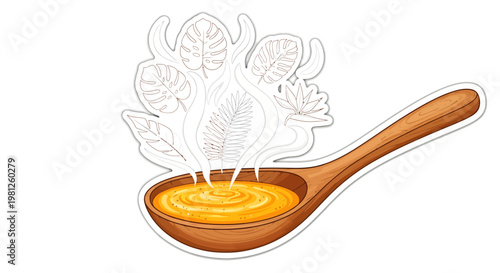 Wooden spoon with steaming curry soup and herbs