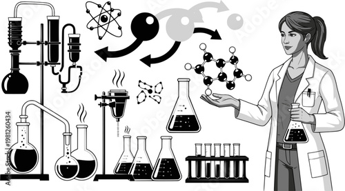 Female scientist and molecular models. Chemistry. Design for STEM educational materials, chemical research lab posters, or science conference presentations. Transparent EPS version.