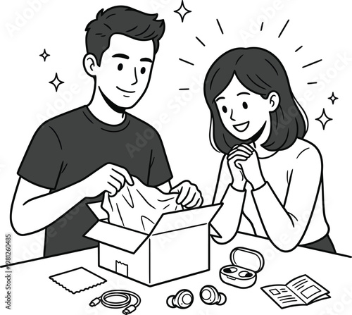 Unboxing tech product vector illustration, happy couple opening electronics delivery box with earbuds and accessories, online shopping and ecommerce experience line art design
