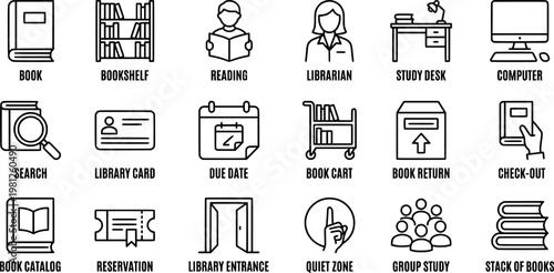 Outline library icon set with books reading catalog search and borrowing symbols. Ideal for UI design apps web education and digital library systems.