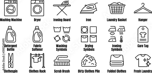 Outline laundry care icon set with washing machine ironing drying and fabric care symbols. Ideal for UI design apps web and cleaning service materials.