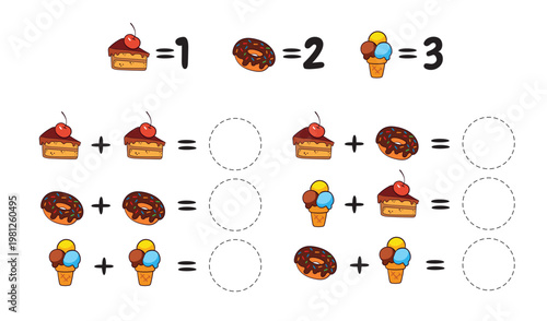 Educational math worksheet for children with cute desserts. Kids solve simple addition problems using visual counting to develop early math, logic, and number recognition skills.