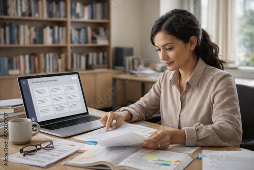 researcher using ai assisted literature review tools while reading printed papers