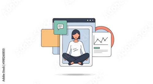 Woman meditates on computer screen with graphs and messages around her in digital space