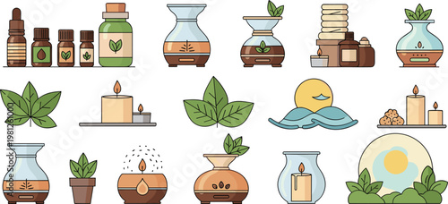 Professional Aromatherapy and Essential Oils Vector Set Featuring Natural Diffusers Scented Candles Herbal Leaves and Wellness Spa Elements Isolated on White Background