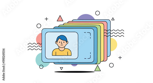 Colorful illustration of a person on a layered screen with geometric shapes and symbols