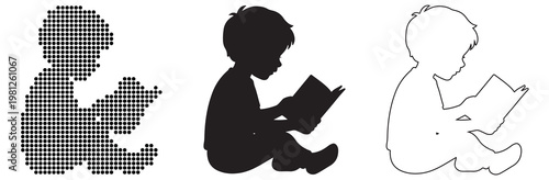Child engrossed in reading a book, depicted in silhouette and pixelated forms.