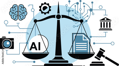 Artificial Intelligence Legal Concept Vector Illustration Featuring Ethical AI Regulation, Technology Compliance, Law and Governance Framework, High-Risk AI Management, Digital Policy and Justice Syst