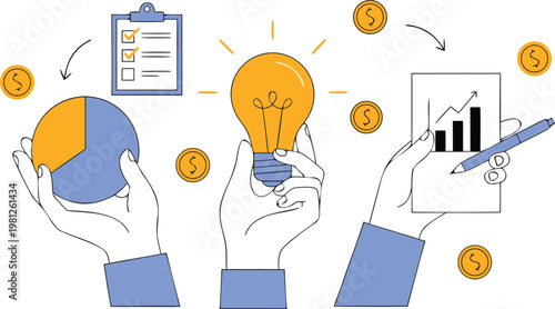 Creative business idea generation with lightbulb pie chart checklist business lightbulb creative innovation