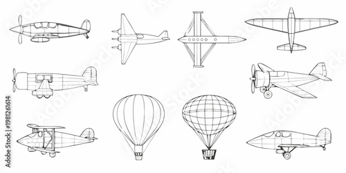 Collection of vintage aircraft and airships in a linear drawing style