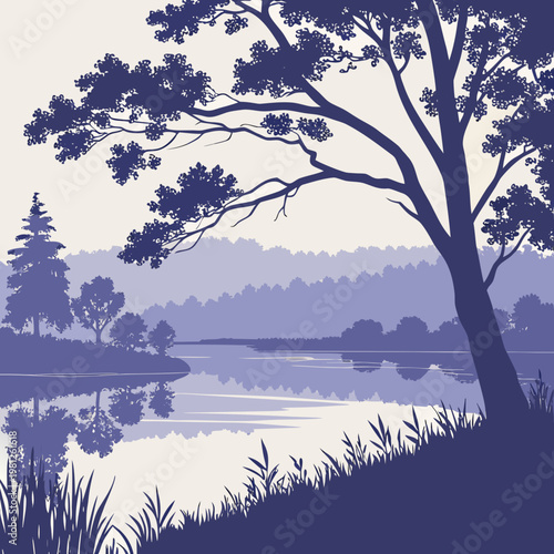 A serene landscape with a tree by a lake