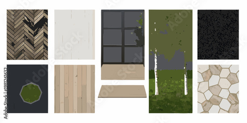 Collection of nine rectangular color and texture swatches presented side by side