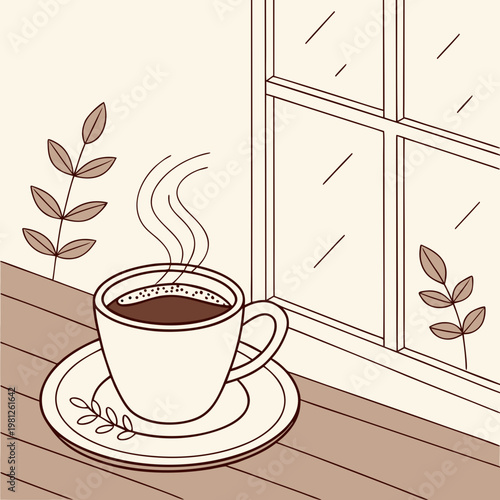 A steaming cup of coffee on a saucer