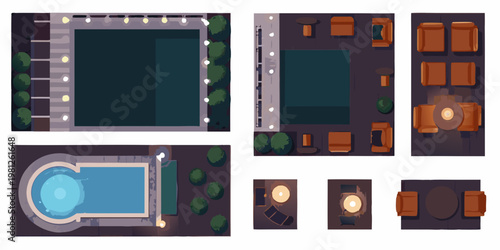 Aerial view of outdoor spaces including pools seating and landscaping
