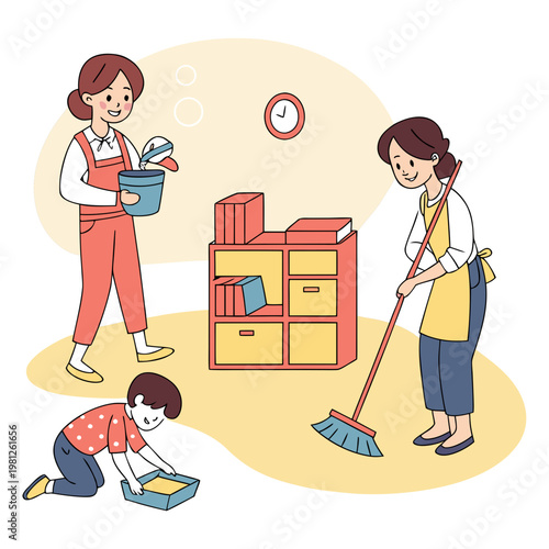 Two women and a child cleaning a house