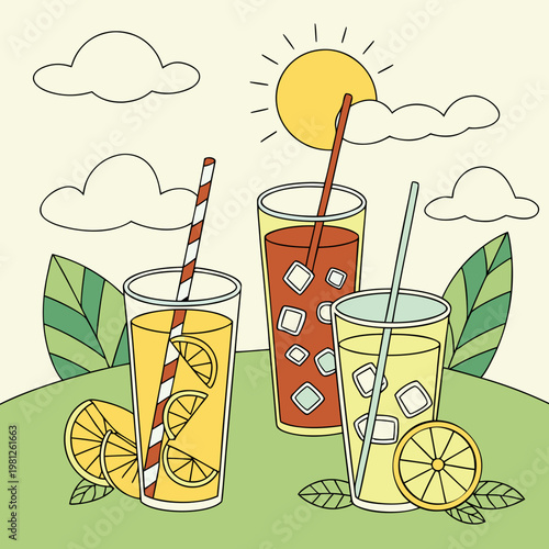 Three glasses of juice with straws on a sunny day