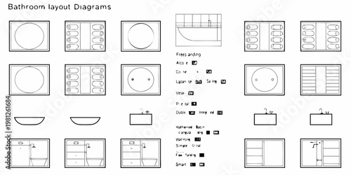 Diagrams of various bathroom fixtures and layouts in a schematic style