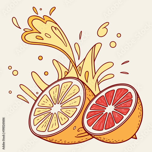 A cut orange and grapefruit with juice splashing