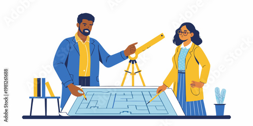 Architects collaborating on a blueprint discussing design details together