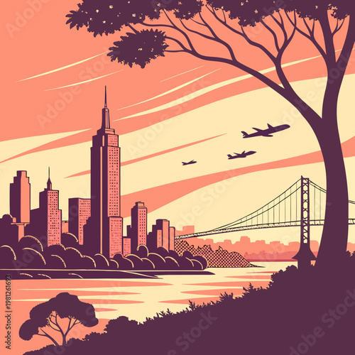 A city skyline with a bridge and a tree