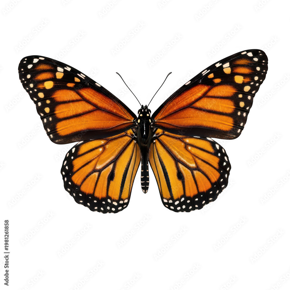 Fototapeta premium A detailed close up view of a vibrant monarch butterfly with open wings showing orange patterns