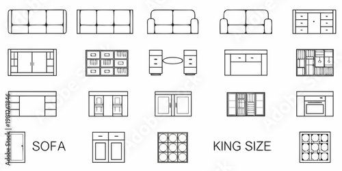 Line art illustration of various furniture items on a white background