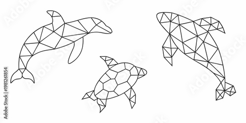 Geometric marine life dolphins and a turtle in a minimalist design