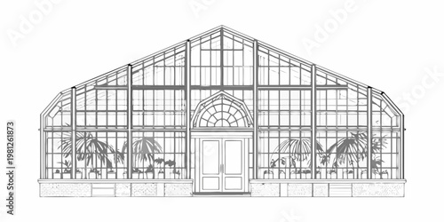 Detailed line drawing of a classic victorian glass greenhouse structure