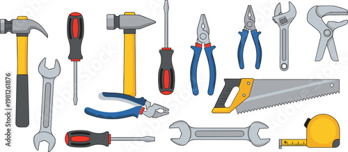 Professional Hand Tools and Hardware Vector Set Featuring Diverse Hammers Screwdrivers Pliers Saws and Wrenches Isolated on White Background for Construction and Repair Designs
