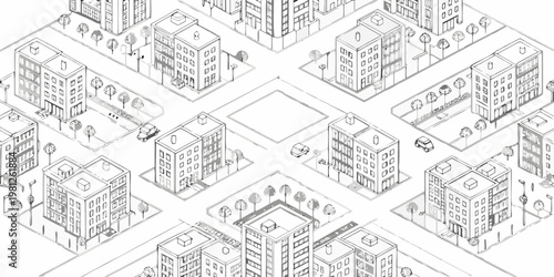 Isometric illustration of a detailed city landscape with buildings and roads