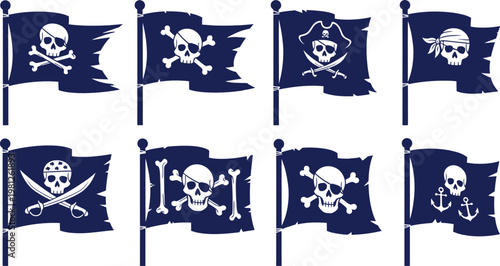 Collection of eight pirate flags with various skull and crossbones designs