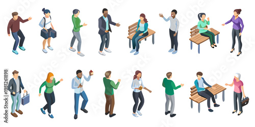 Isometric illustration depicting diverse people interacting in various casual settings