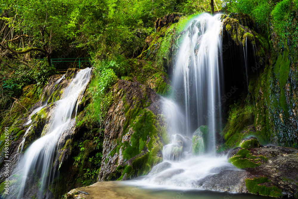 Fototapeta premium waterfall in lush green forest with moss rocks and flowing silky water nature background