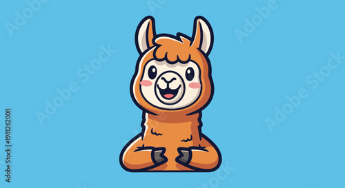 Cartoon llama smiling with joyful expression on blue background