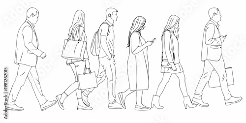 Line drawing of people walking facing the same direction in a row