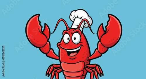 Cartoon lobster chef smiling on a blue background ready to cook seafood