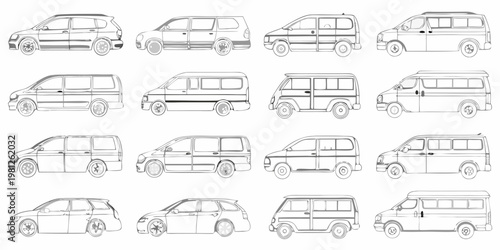 Collection of various minivan and compact car side view line drawings