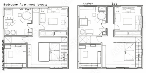 Architectural floor plans showing bedroom kitchen and apartment layouts