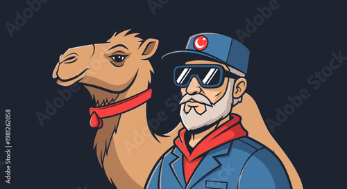 Cartoon man with camel illustration in graphic style against a dark background
