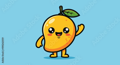 Cartoon mango character waving hello isolated on blue background