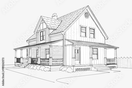 Detailed line drawing of a classic two story farmhouse with a porch