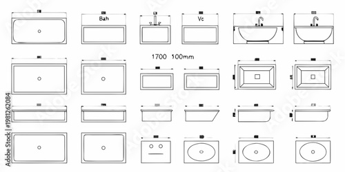 Architectural plans displaying various bathroom sink and vanity designs