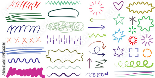Collection of hand-drawn doodle arrows, scribbles, and decorative frames in colors