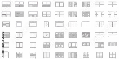 A collection of outlined cabinet and drawer designs in grayscale