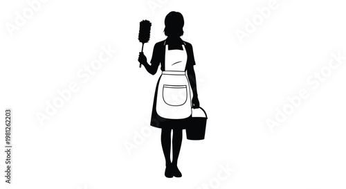 A maid holds cleaning tools in a striking black silhouette