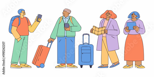 Diverse group of travelers using technology and maps for navigation